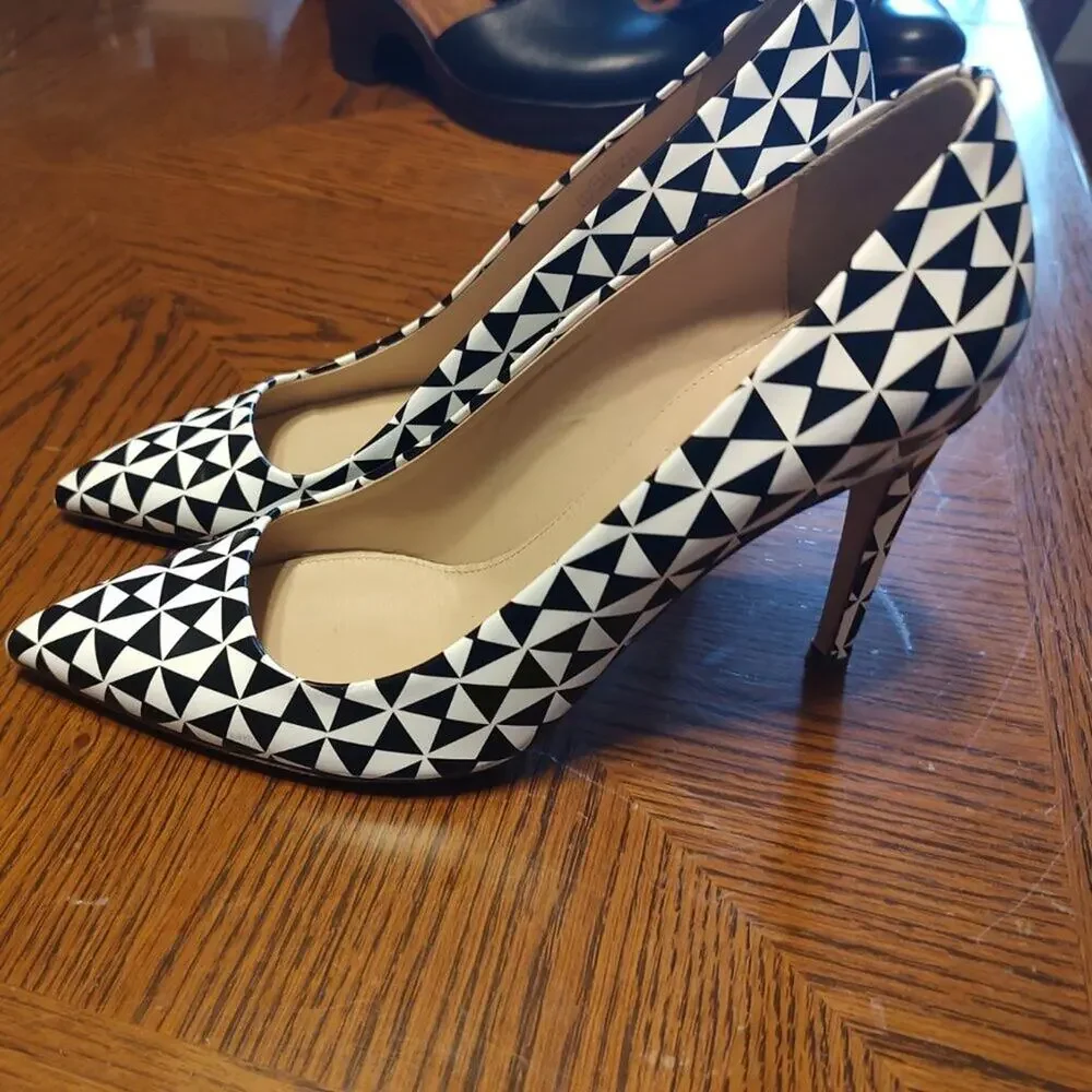 J.CREW Falsetto Printed‎ Geometric Black & White Heels Pumps  Size 8 1/2  EUC